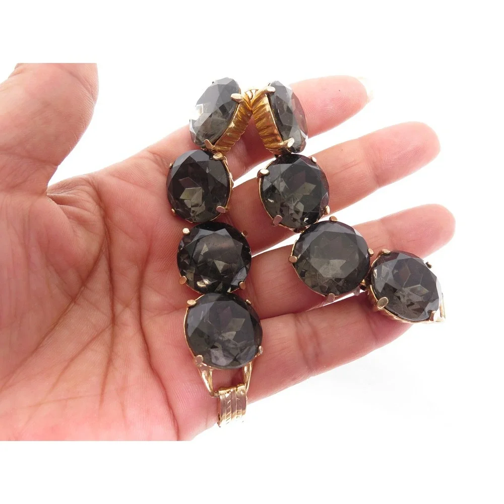 Vintage High End Large Dark Olivine Gray Rhinestone Gold Plated Bracelet‎